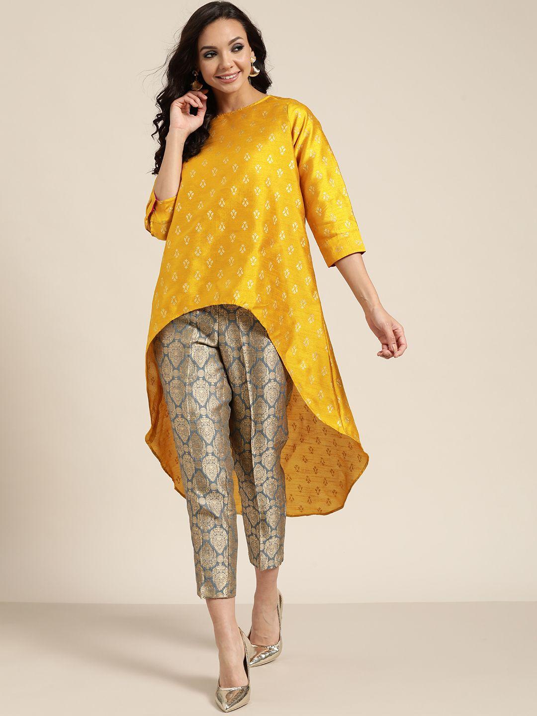 Shae by SASSAFRAS Mustard Yellow & Golden Printed Asymmetric Tunic