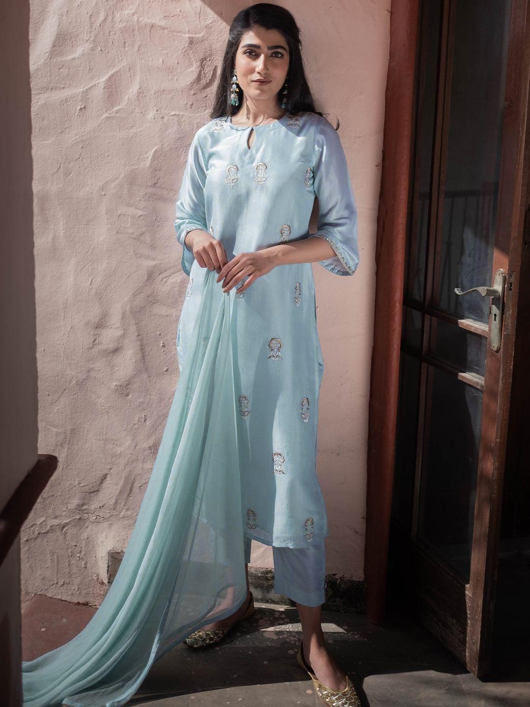 Libas Women Blue Floral Embroidered Kurta with Trousers & Dupatta
