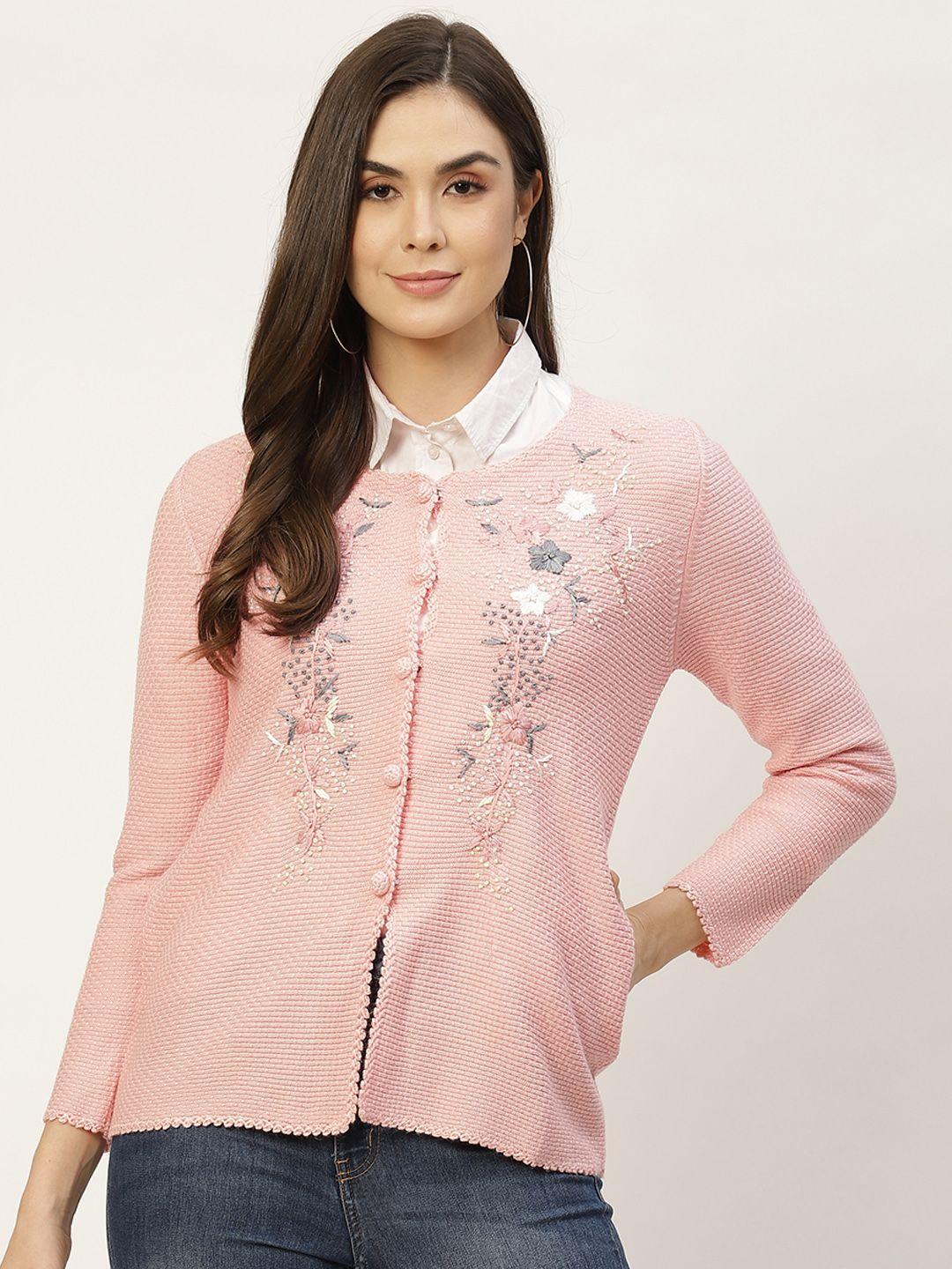APSLEY Women Pink & White Floral Embroidered Cardigan with Embellished Detail