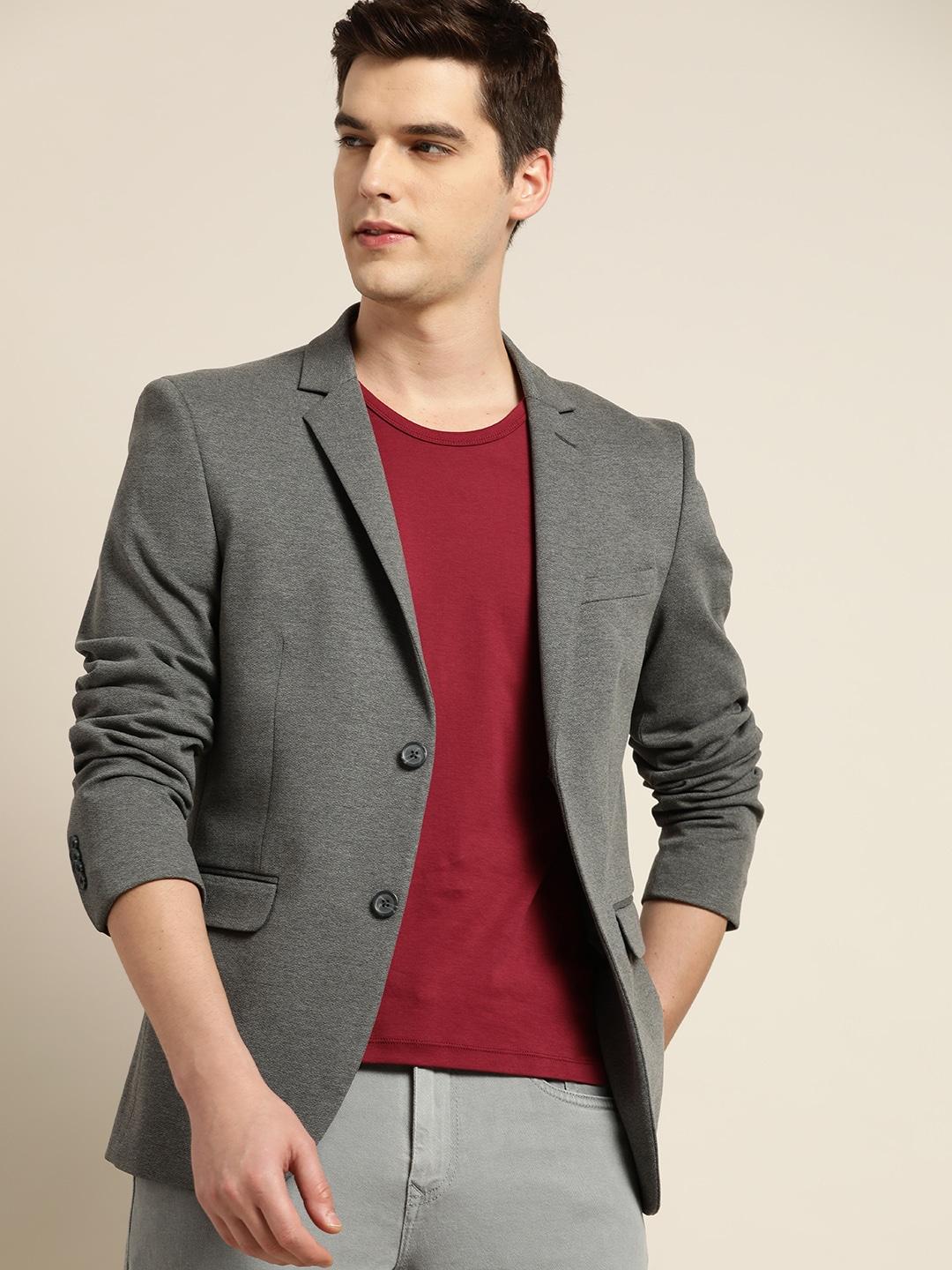 INVICTUS Men Charcoal Grey Slim Fit Self-Design Smart Casual Blazer