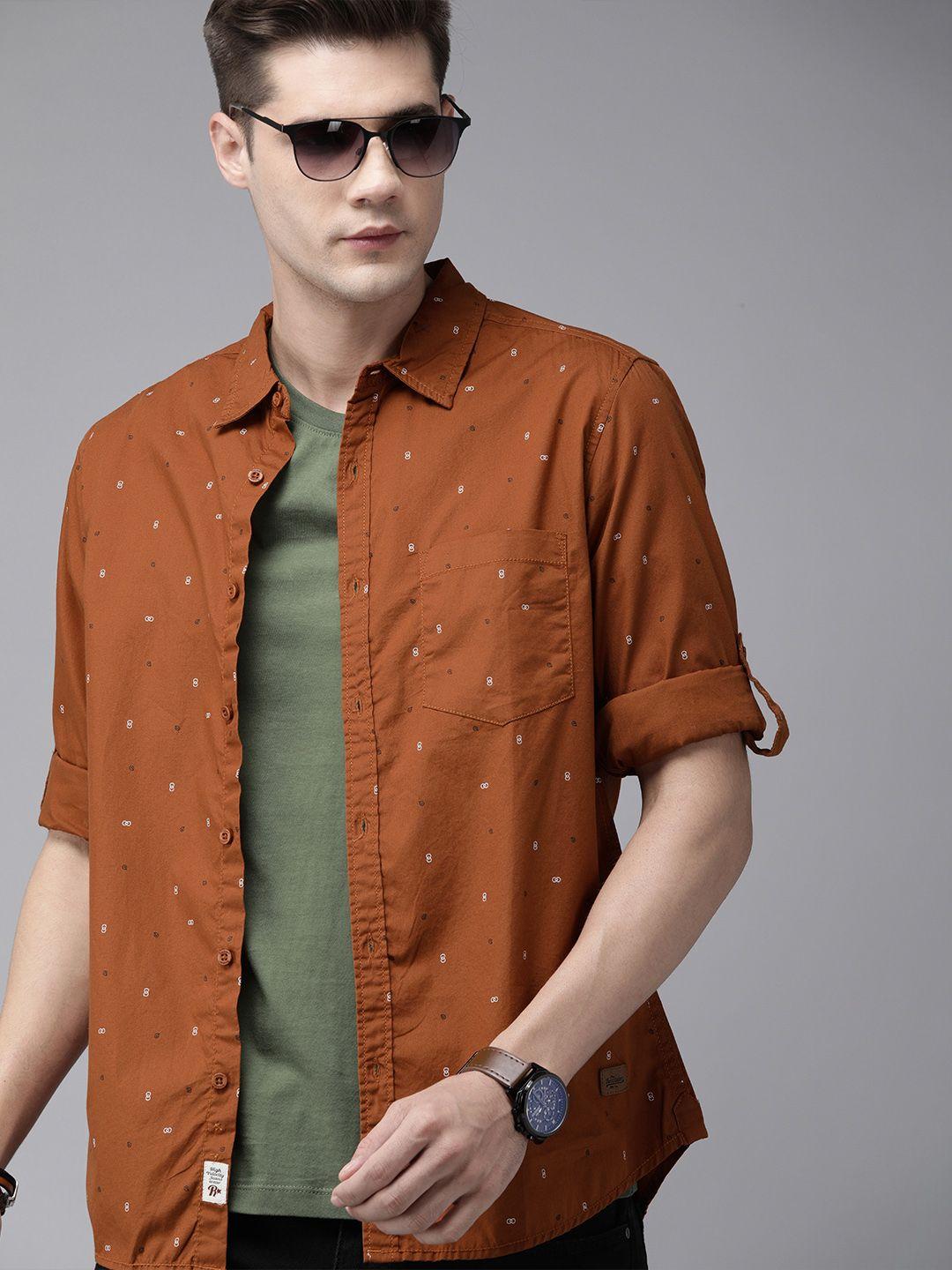 roadster-men-rust-orange-cotton-ditsy-print-casual-shirt