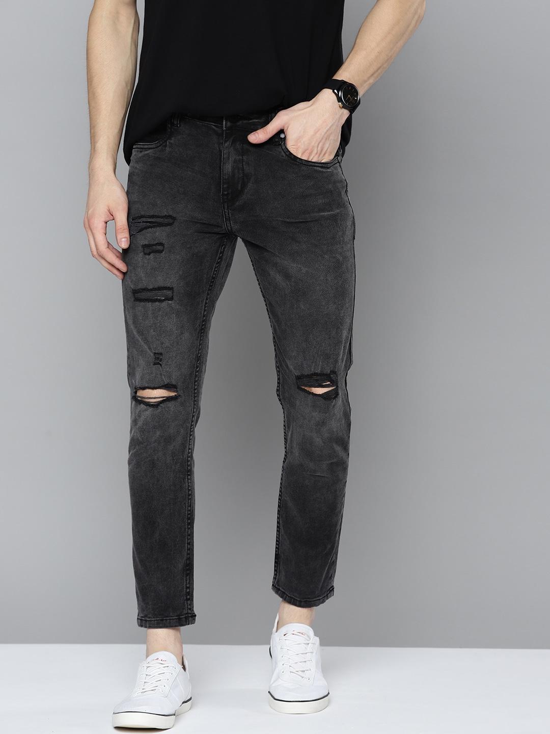 Mast & Harbour Men Charcoal Grey Slim Fit Mildly Distressed Stretchable Jeans