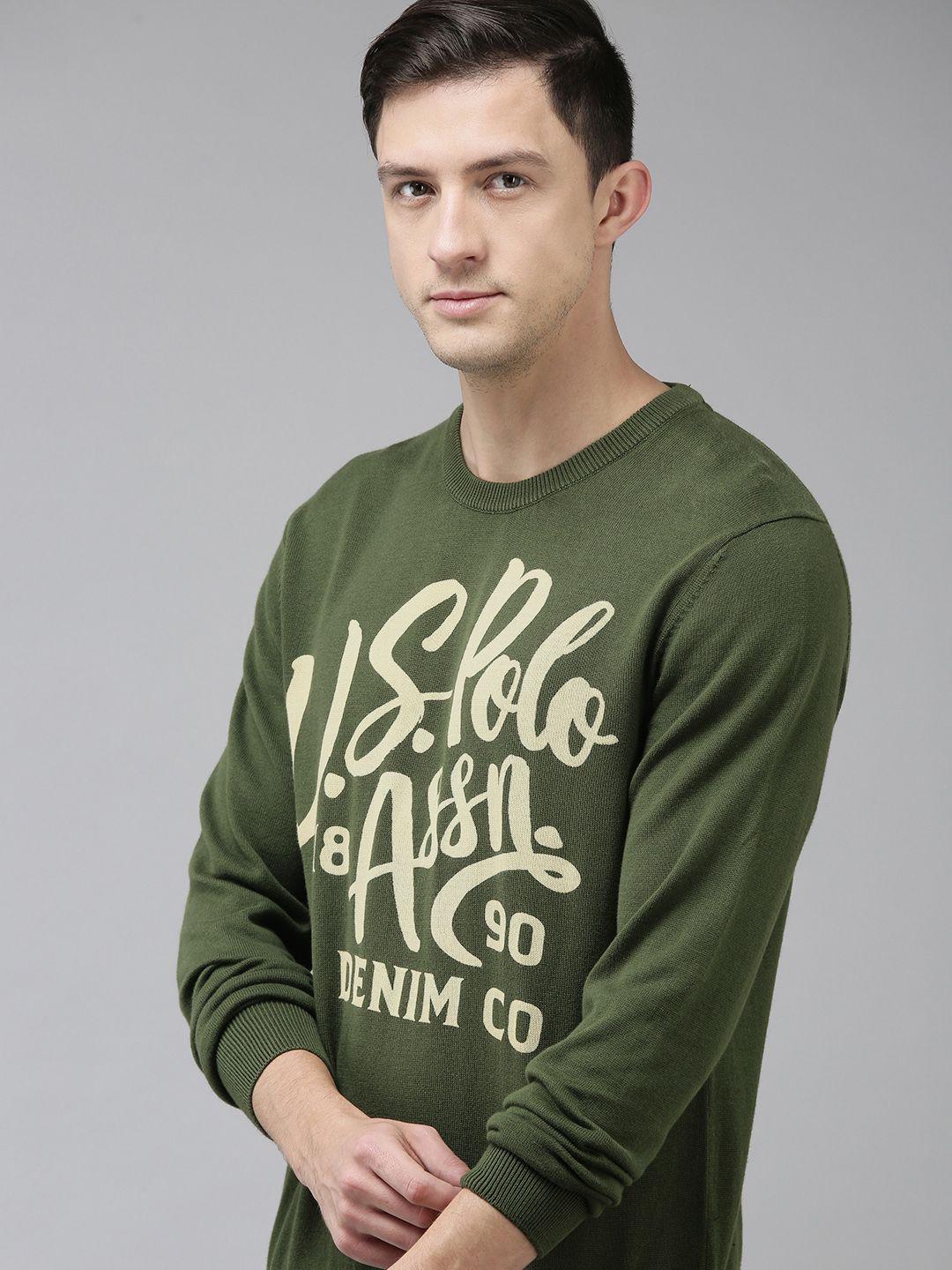 u-s-polo-assn-denim-co-men-olive-green-&-white-typography-printed-pullover-sweater