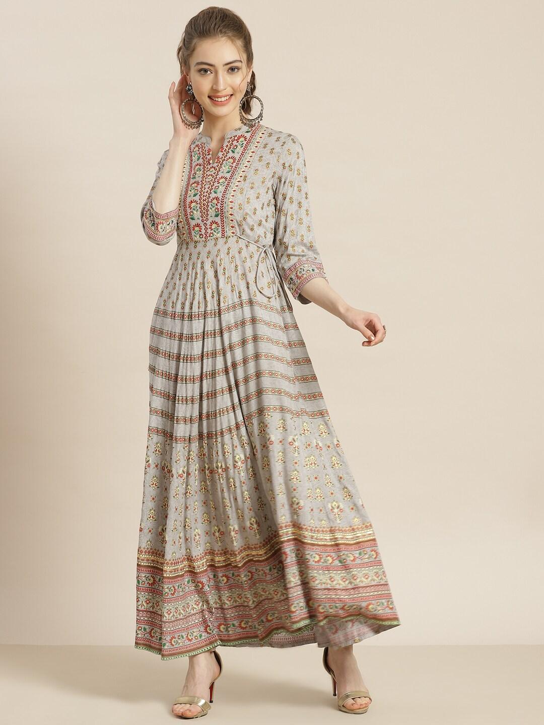 Juniper Grey & Maroon Ethnic Motifs Peinted Liva Ethnic Maxi Dress With Embroidered Detail