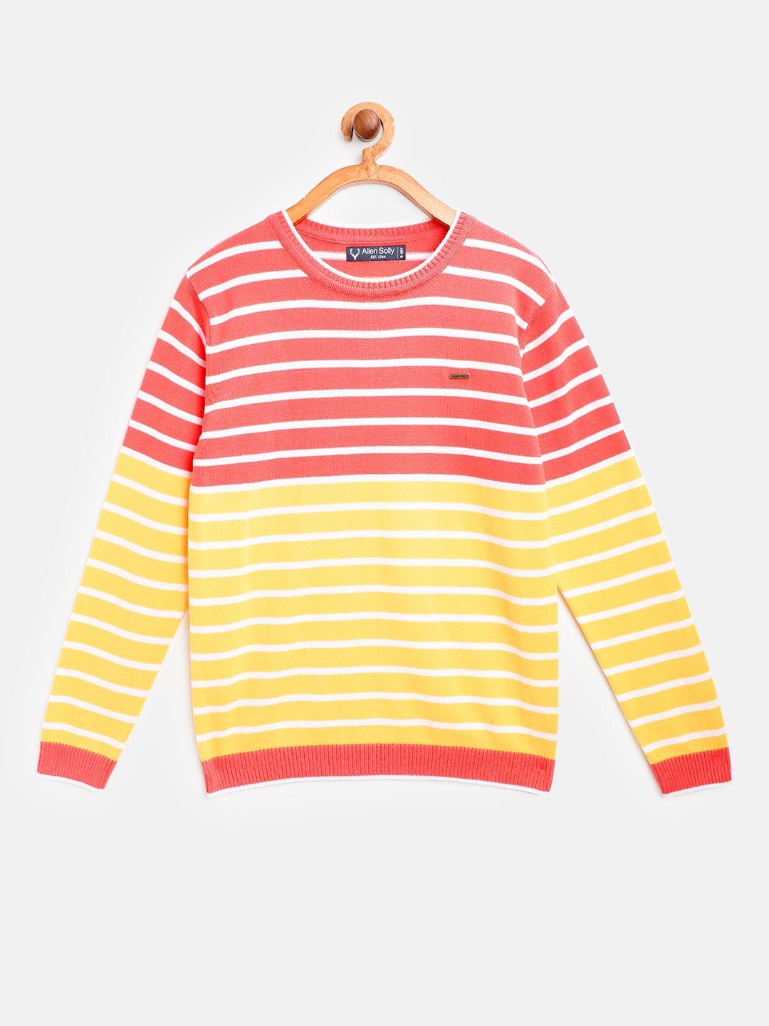 allen-solly-junior-boys-coral-pink-&-yellow-pure-cotton-striped-pullover