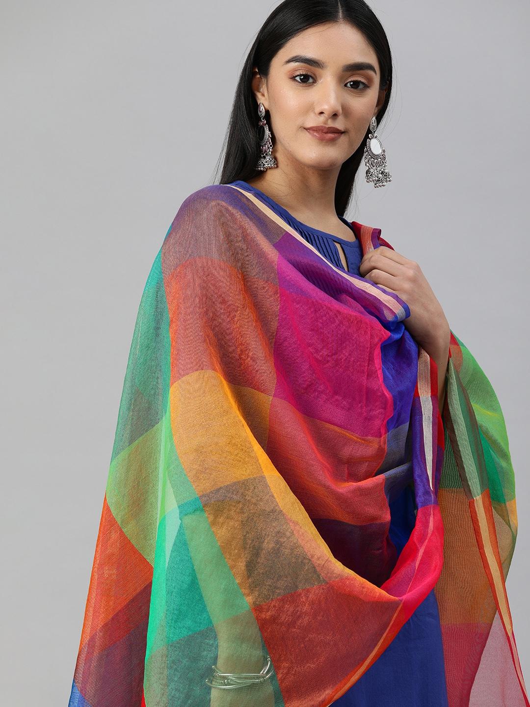swatika Multicoloured Banarasi Handloom Colourblocked Dupatta with Zari
