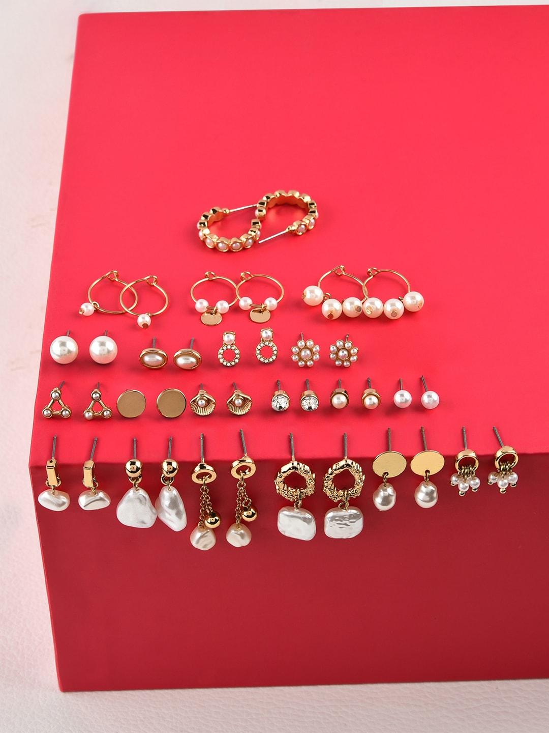 ami-set-of-20-gold-plated-&-white-contemporary-studs-drop-&-hoops-earrings