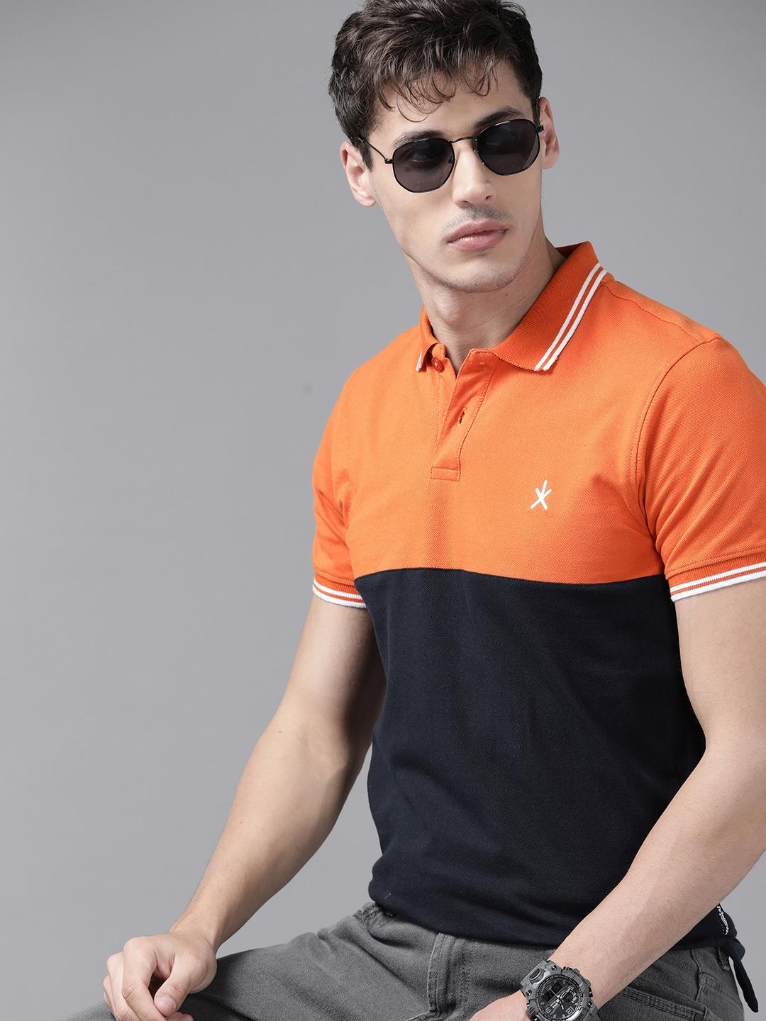 Roadster Men Orange & Black Pure Cotton Colourblocked Polo Collar T-shirt