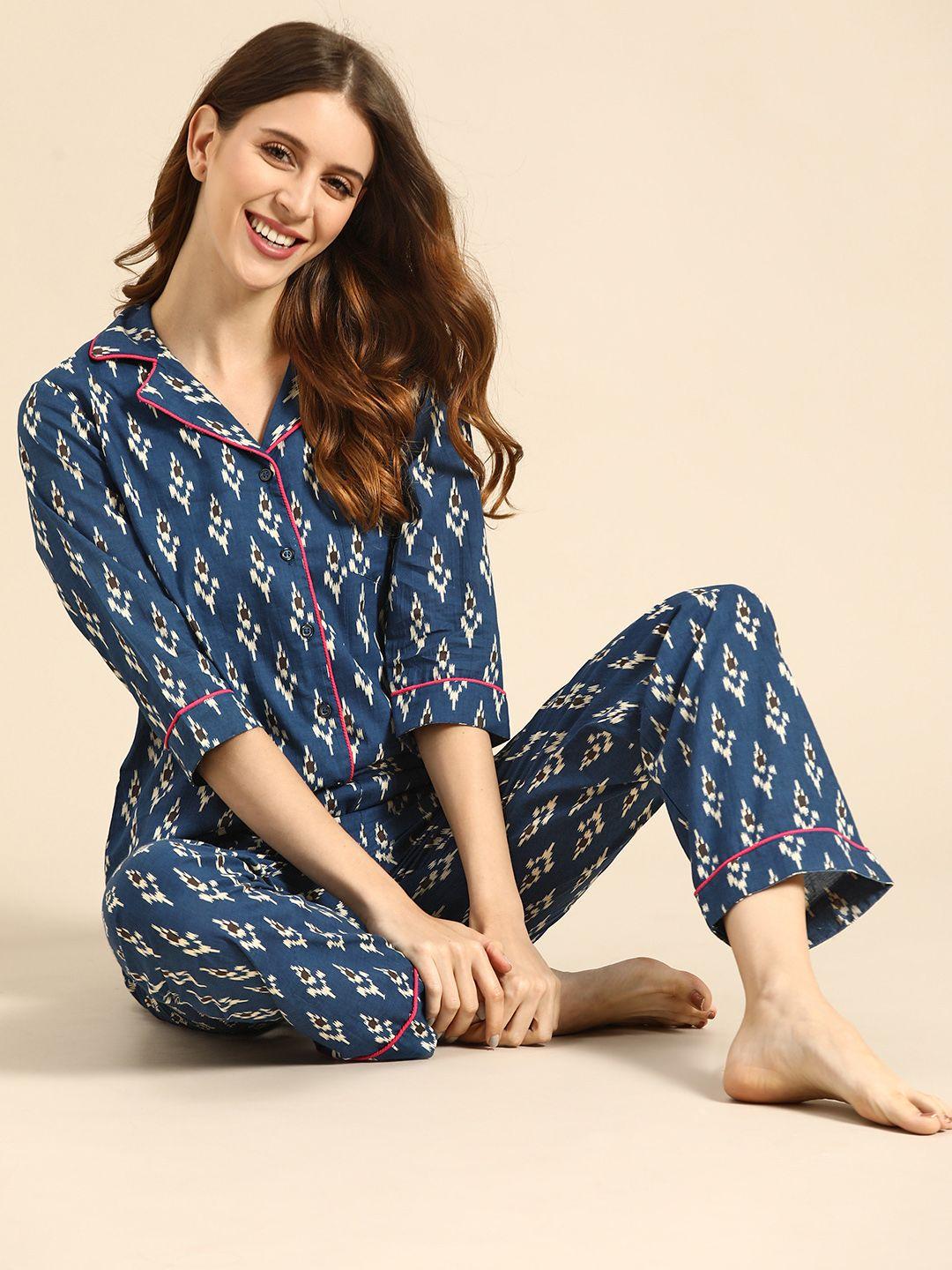 mabish-by-sonal-jain-women-navy-blue-&-white-ethnic-motifs-print-cotton-pyjamas-set