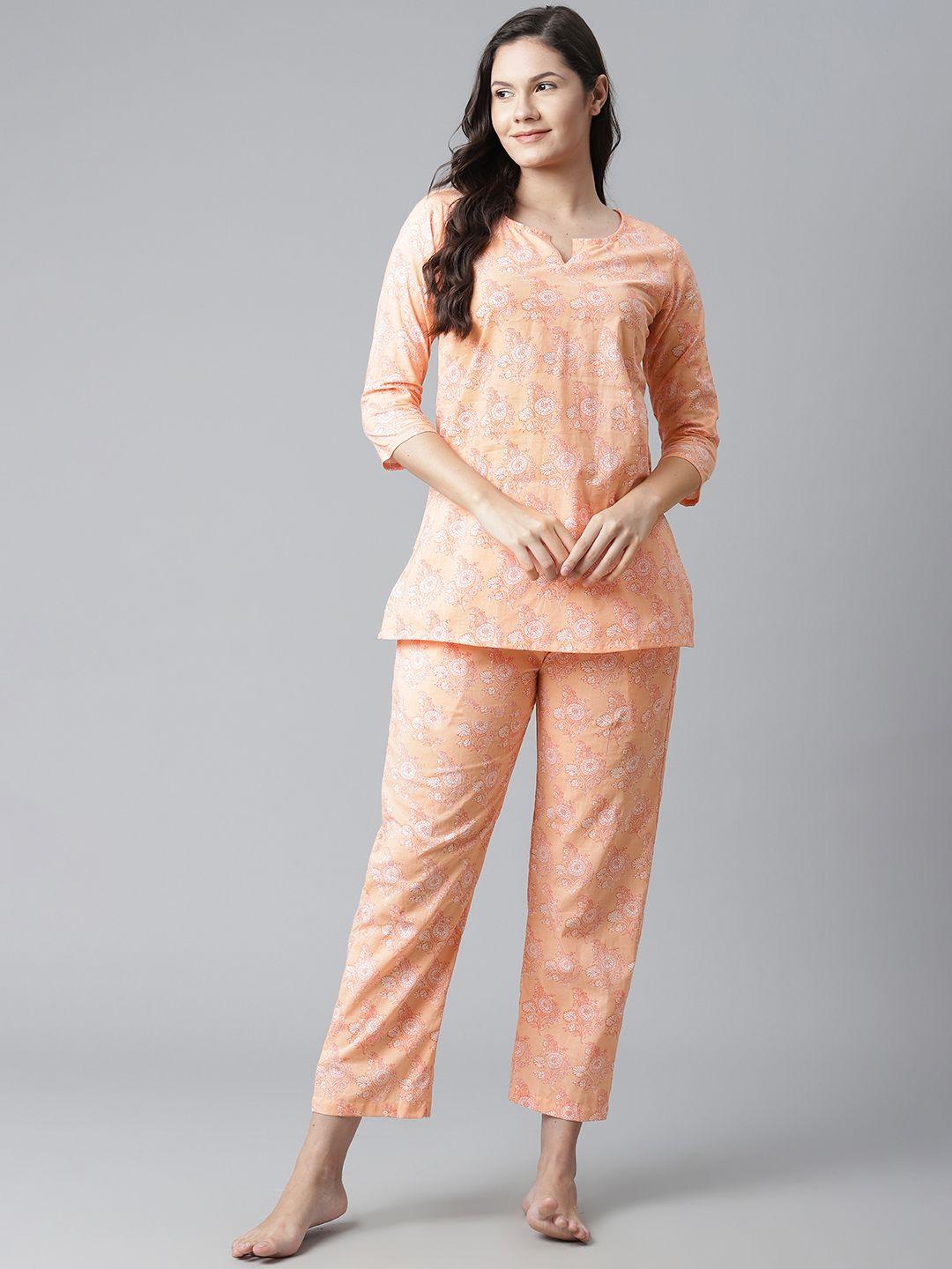 Divena Women Peach-Coloured & White Ethnic Motifs Print Pure Cotton Pyjamas Set