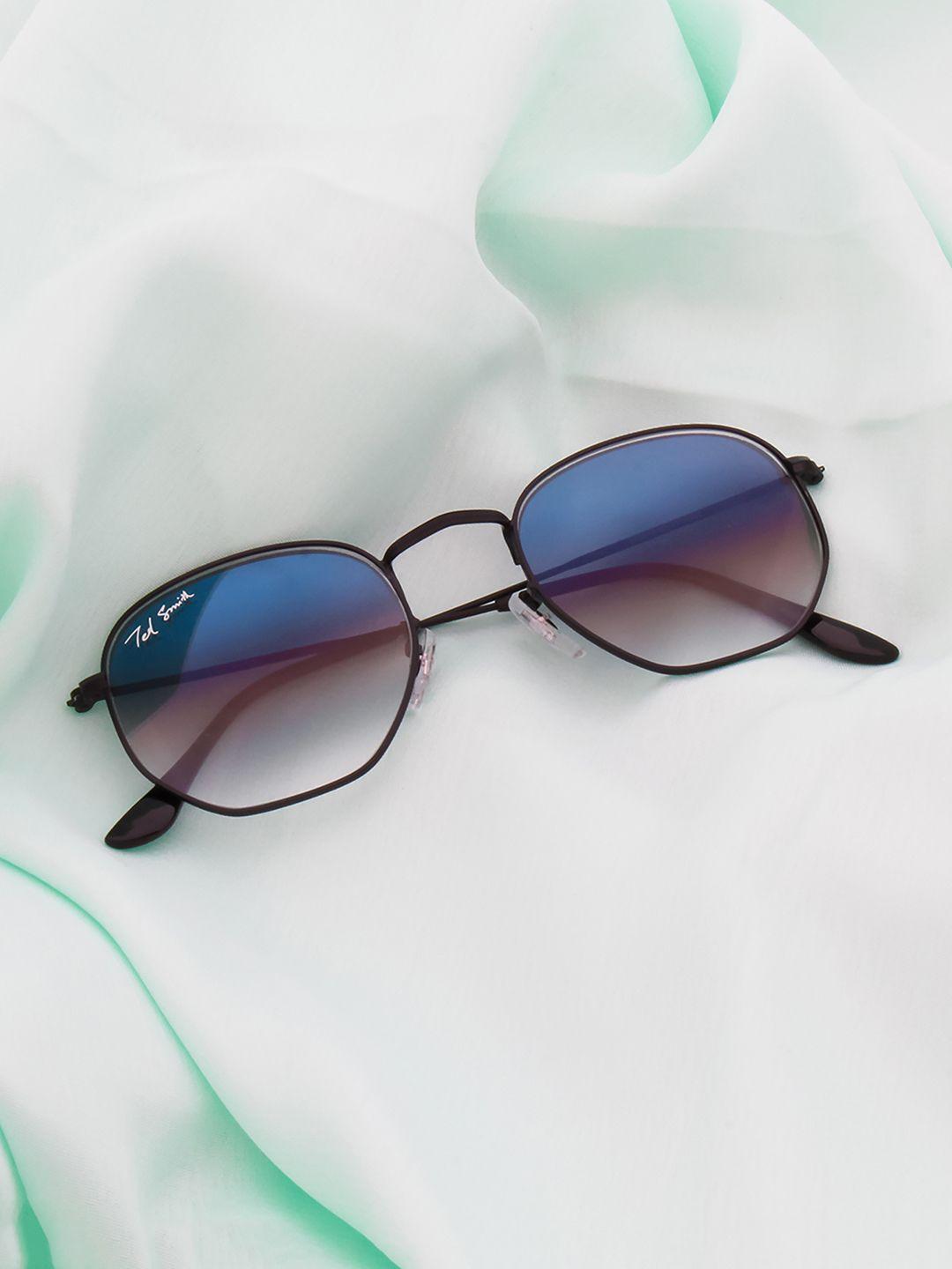 Ted Smith Unisex Blue Lens & Black Asymmetric Sunglasses with UV Protected Lens HEXON_C12