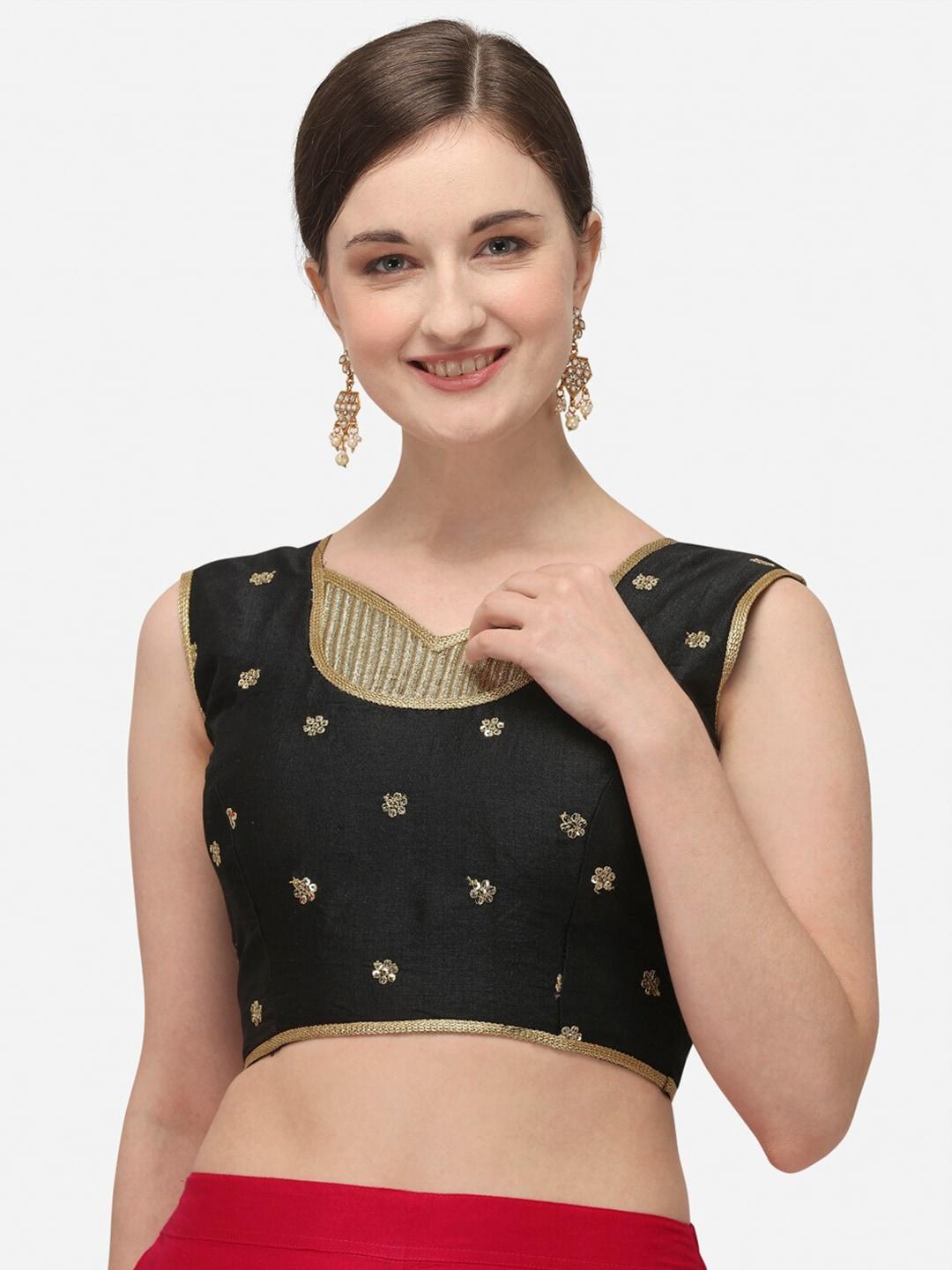 Amrutam Fab Women Black & Gold-Coloured Sequinned Embroidered Raw Silk Saree Blouse
