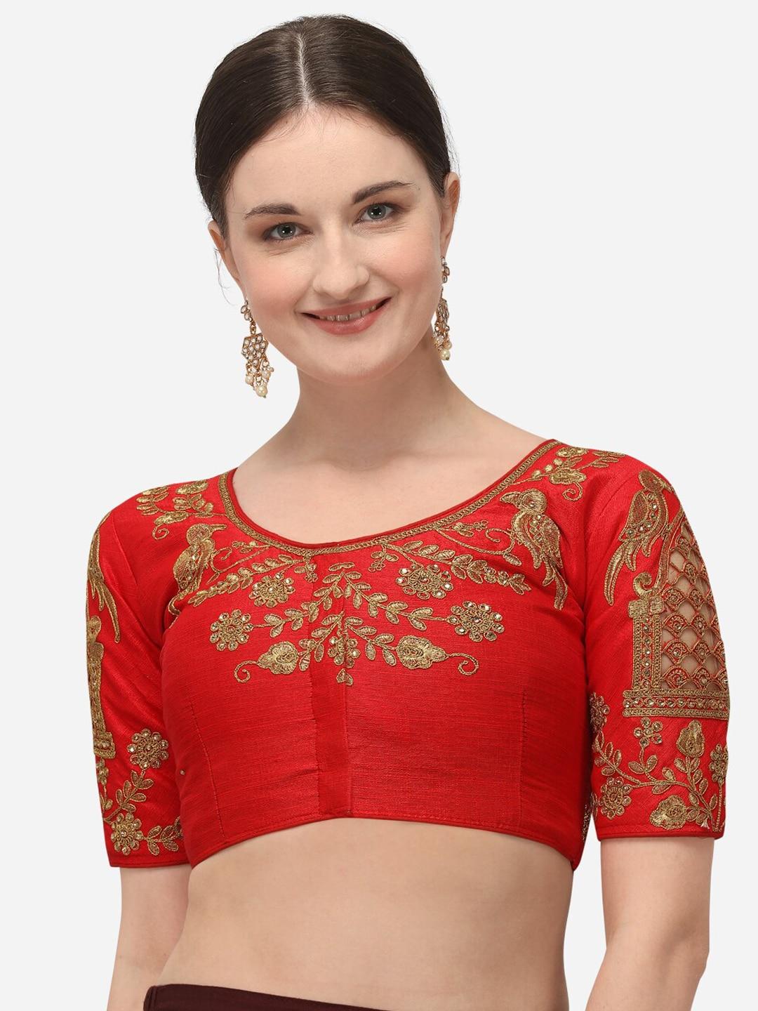 Amrutam Fab Women Red & Gold-Coloured Embroidered Beige Phantom Silk Saree Blouse