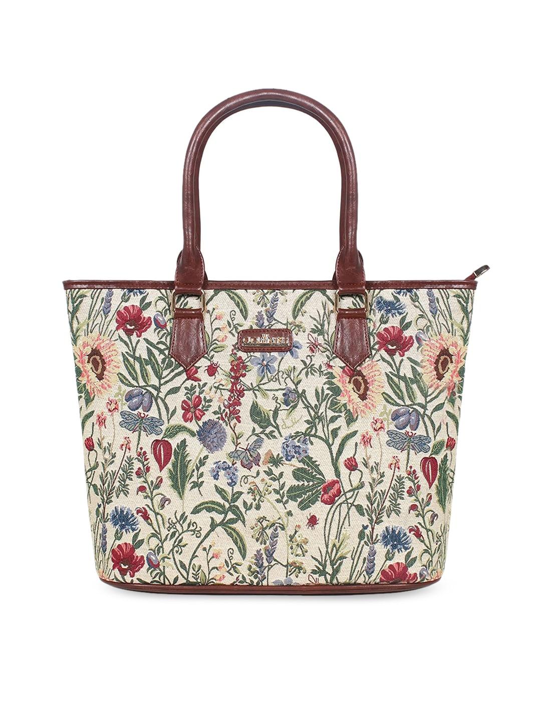 THE CLOWNFISH Beige & Brown Floral Printed Oversized Handbag