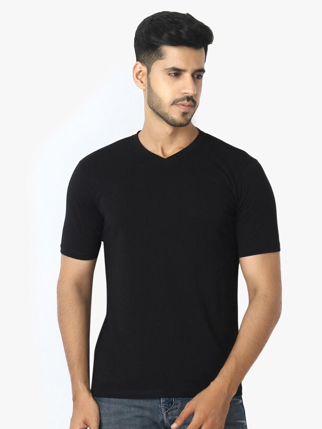 LE BOURGEOIS Men Black V-Neck Half Sleeve Casual T-shirt