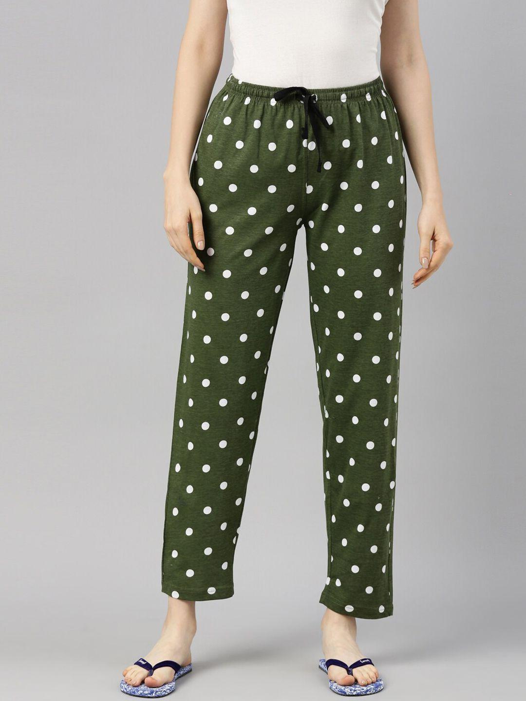 Kryptic Women Green & White Polka Dots Printed Pure Cotton Lounge Pants