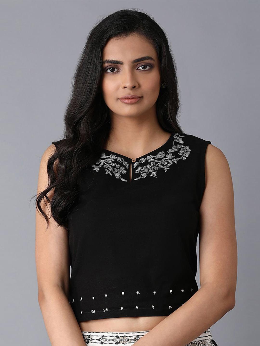 W Women Black and Silver Embellished Ethnic Crop Top
