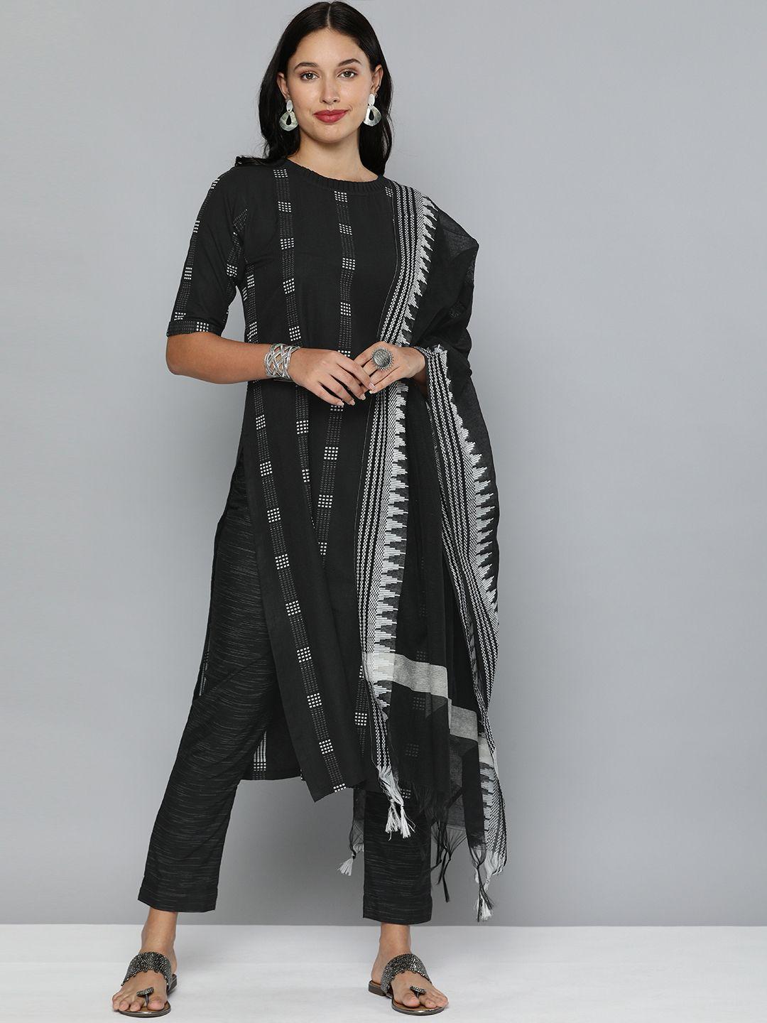 Kvsfab Black & White Striped Pure Cotton Unstitched Dress Material