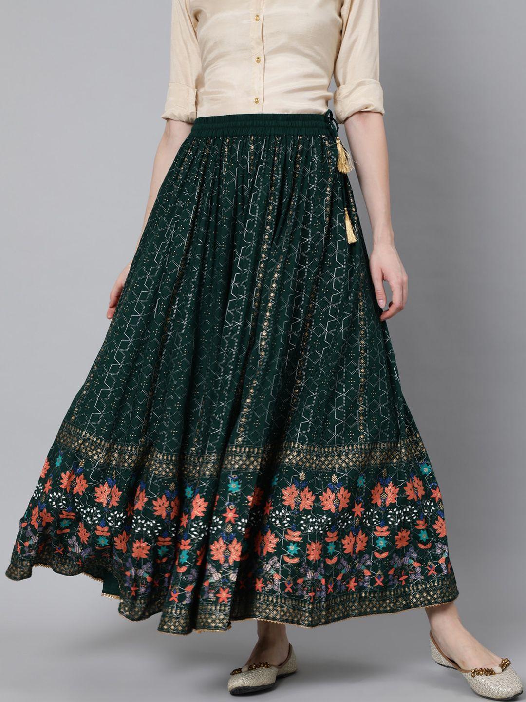 Jaipur Kurti Women Green & Peach-Coloured Floral Khadi Printed Flared Maxi Skirt