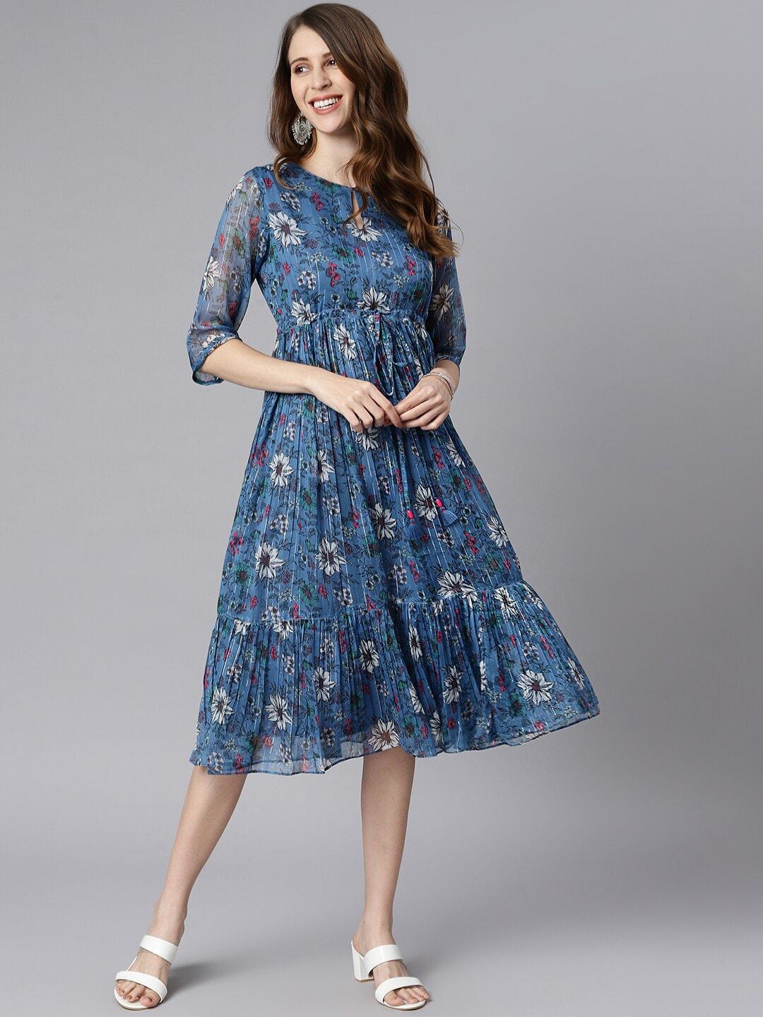 Janasya Blue Floral Georgette Midi Dress