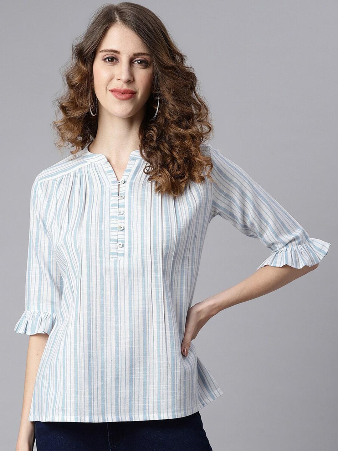 Janasya White & Blue Striped Bell Sleeve Shirt Style Pure Cotton Top