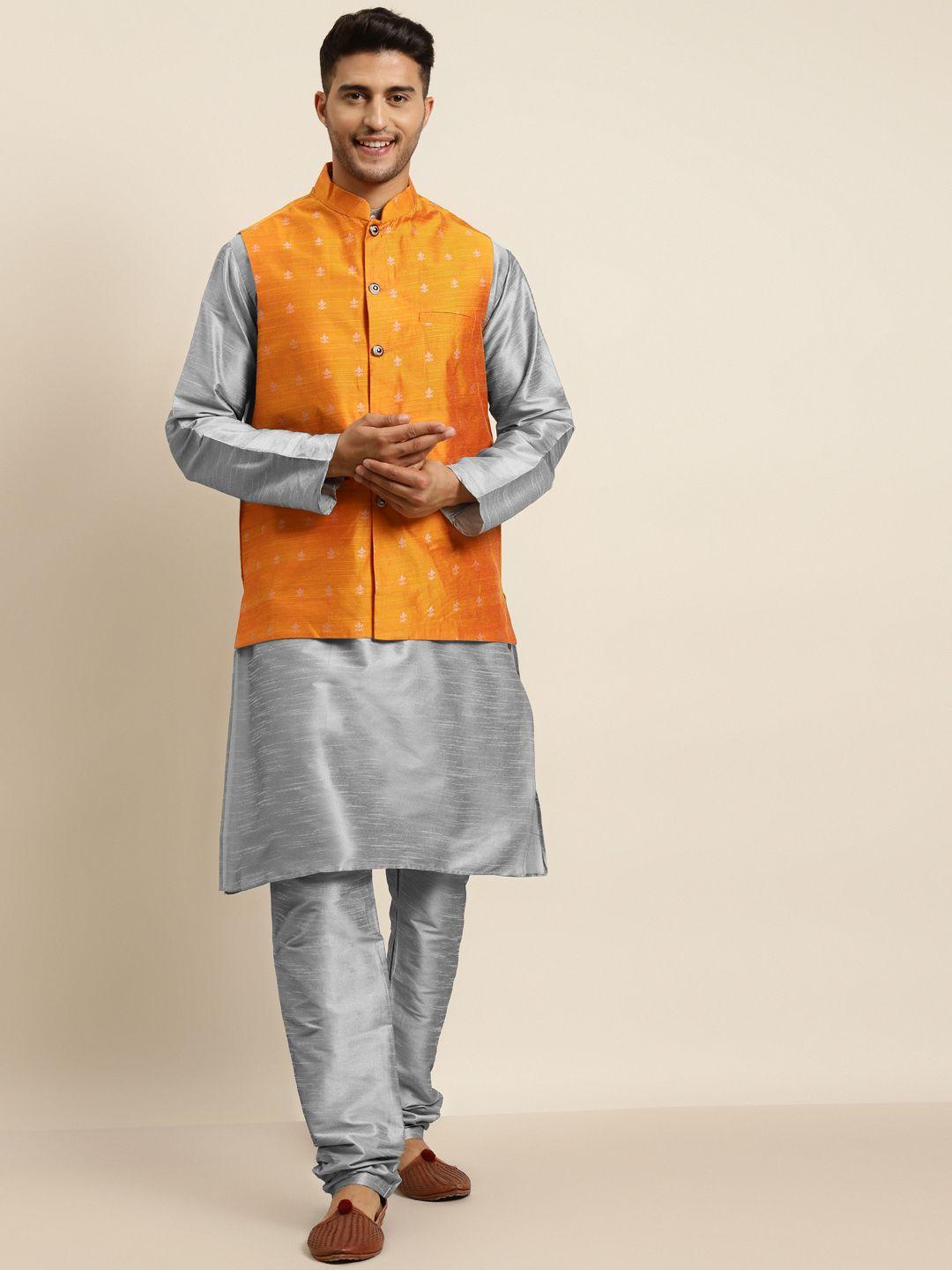 sojanya-men-grey-&-mustard-yellow-kurta-with-churidar-&-woven-design-jacket