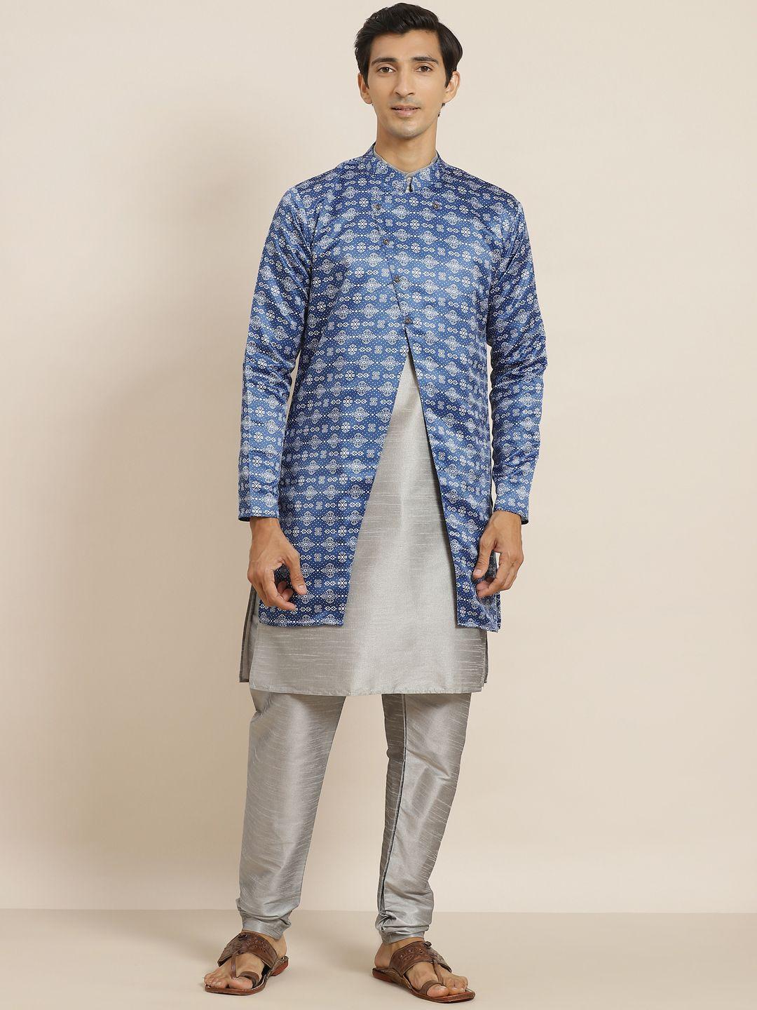 sojanya-men-grey-&-navy-blue-solid-kurta-with-churidar-&-ethnic-printed-jacket