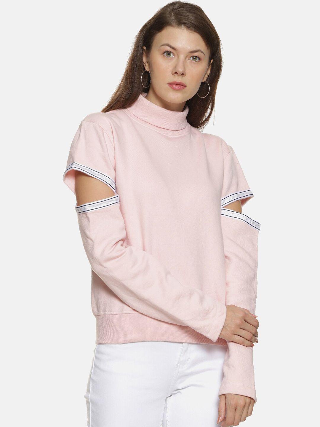 campus-sutra-women-pink-solid-sleeve-cut-sweatshirt