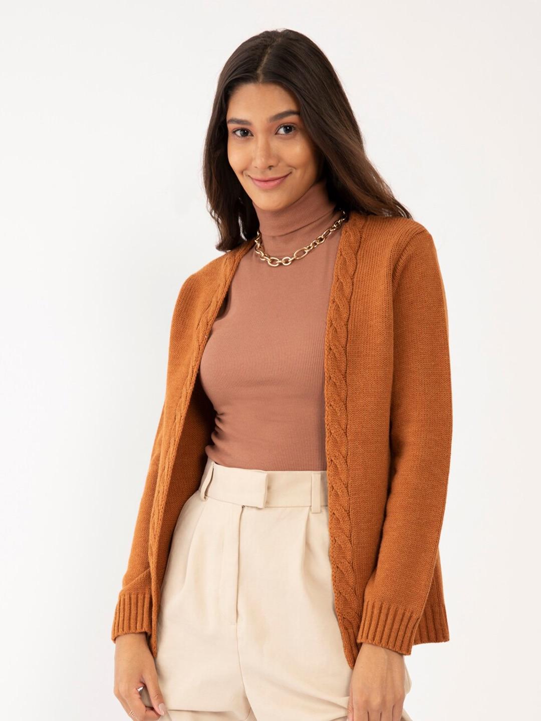 Zink London Women Camel Brown Solid Acrylic Open Front Shrug