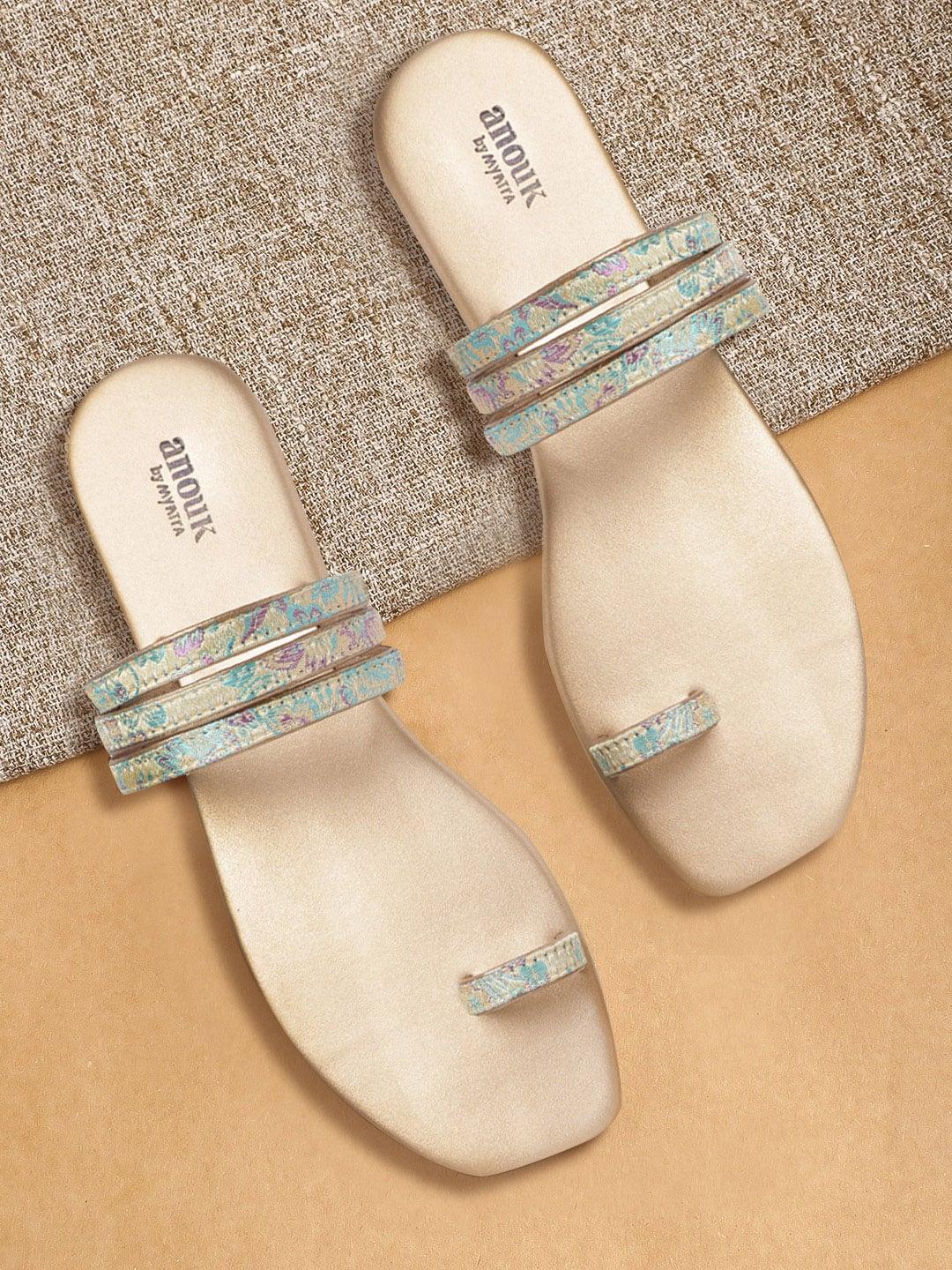 Anouk Women Gold-Toned & Blue Woven Design One Toe Flats