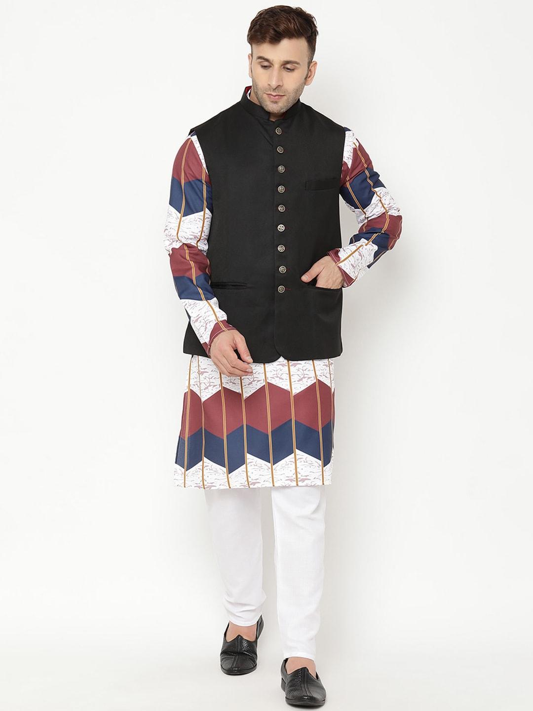 hangup-men-white-printed-kurta-with-churidar-&-nehru-jacket