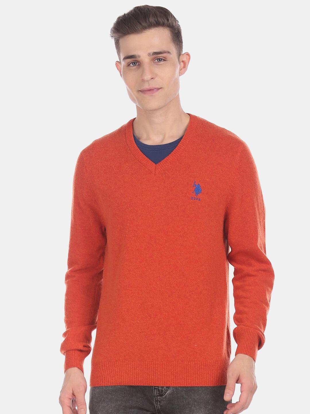 U S Polo Assn Men Orange Pullover Sweater