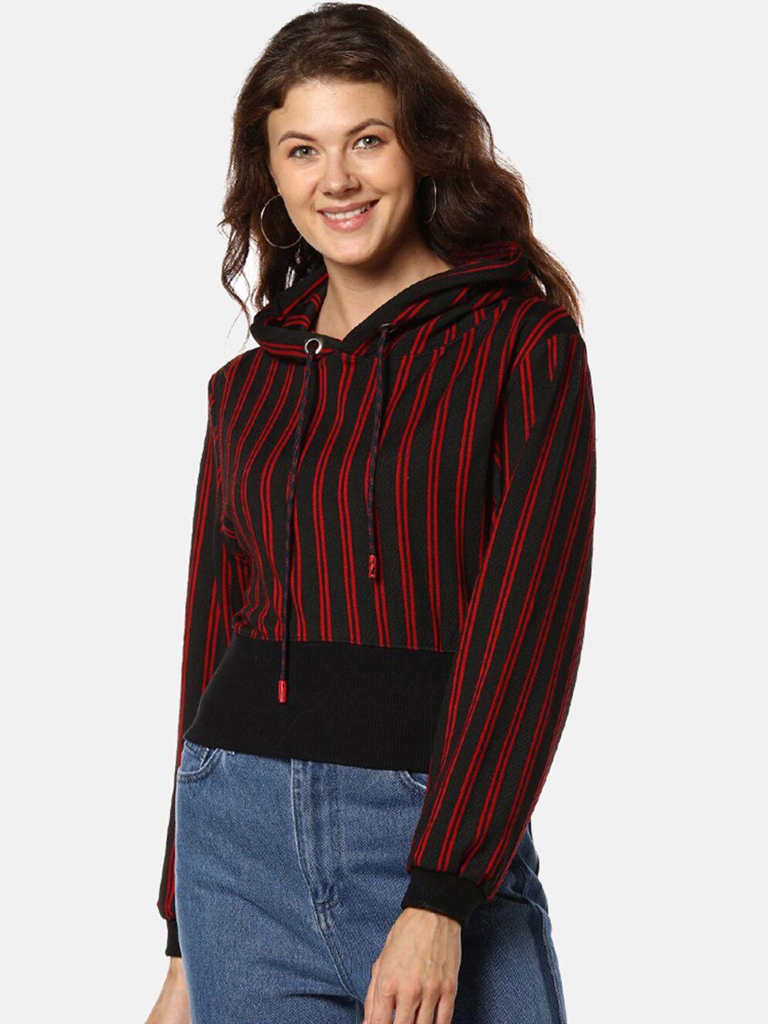 campus-sutra-women-red-&-black-striped-hooded-sweatshirt