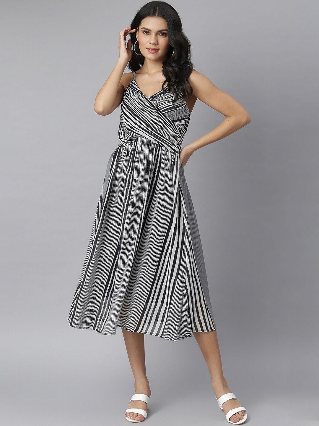 kassually-women-white-&-black-striped-georgette-midi-dress
