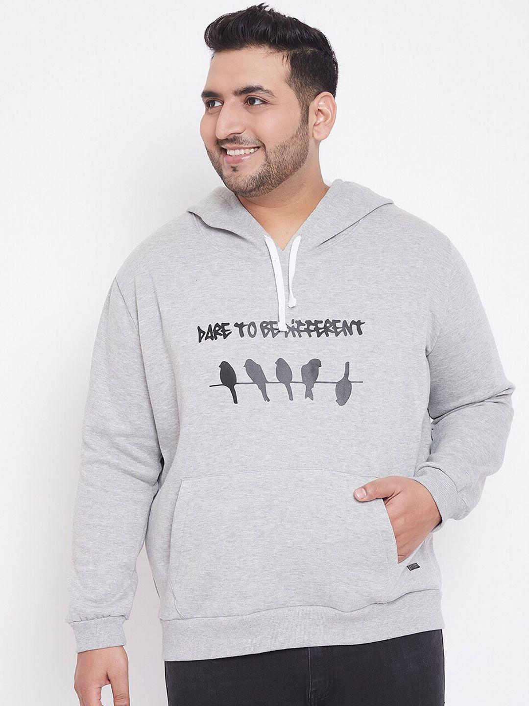 Instafab Plus Men Grey Typography Printed Hooded Sweatshirt