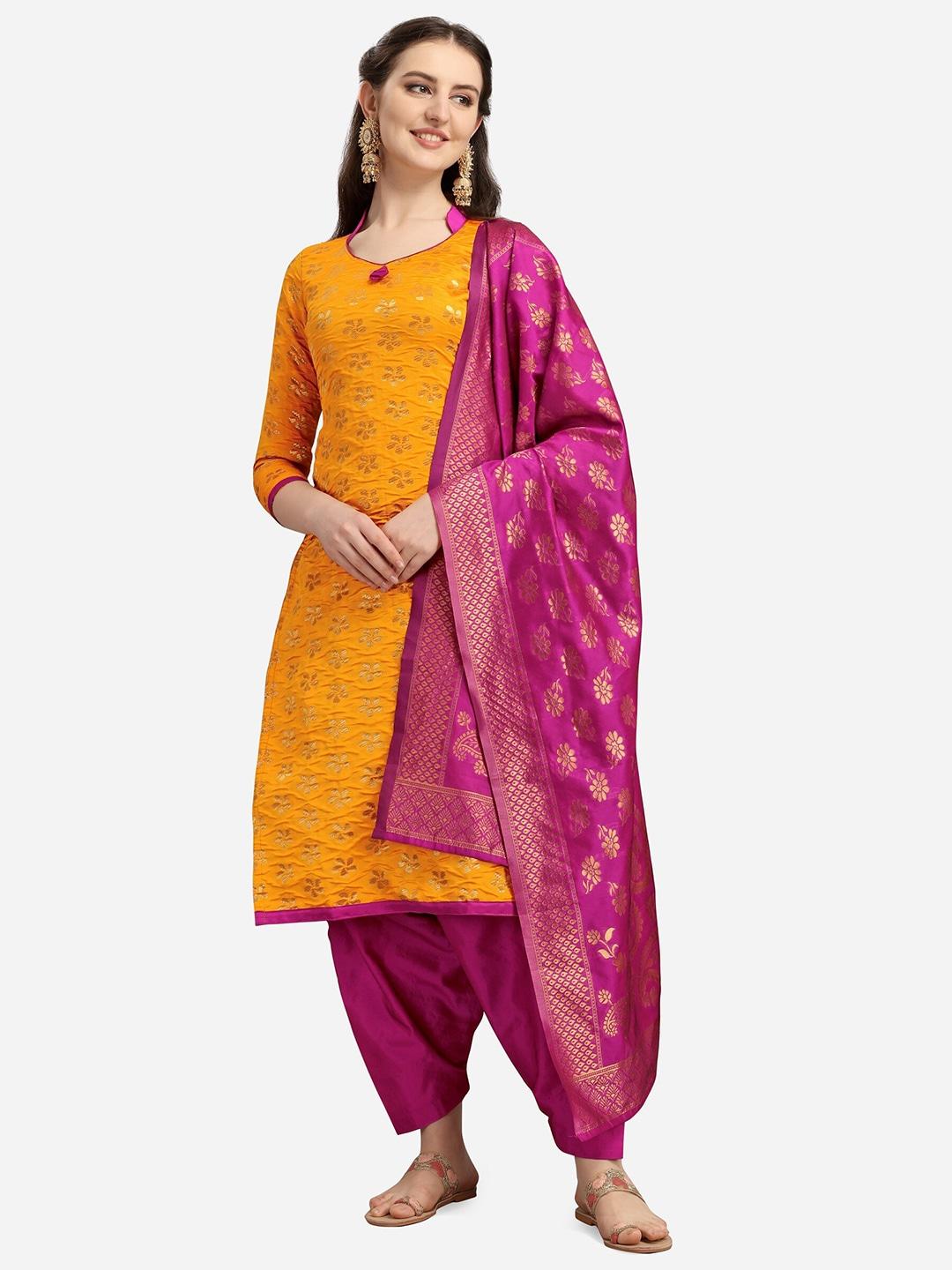 Ethnic Junction Mustard Yellow & Pink Woven Banarasi Unstitched Dress Material