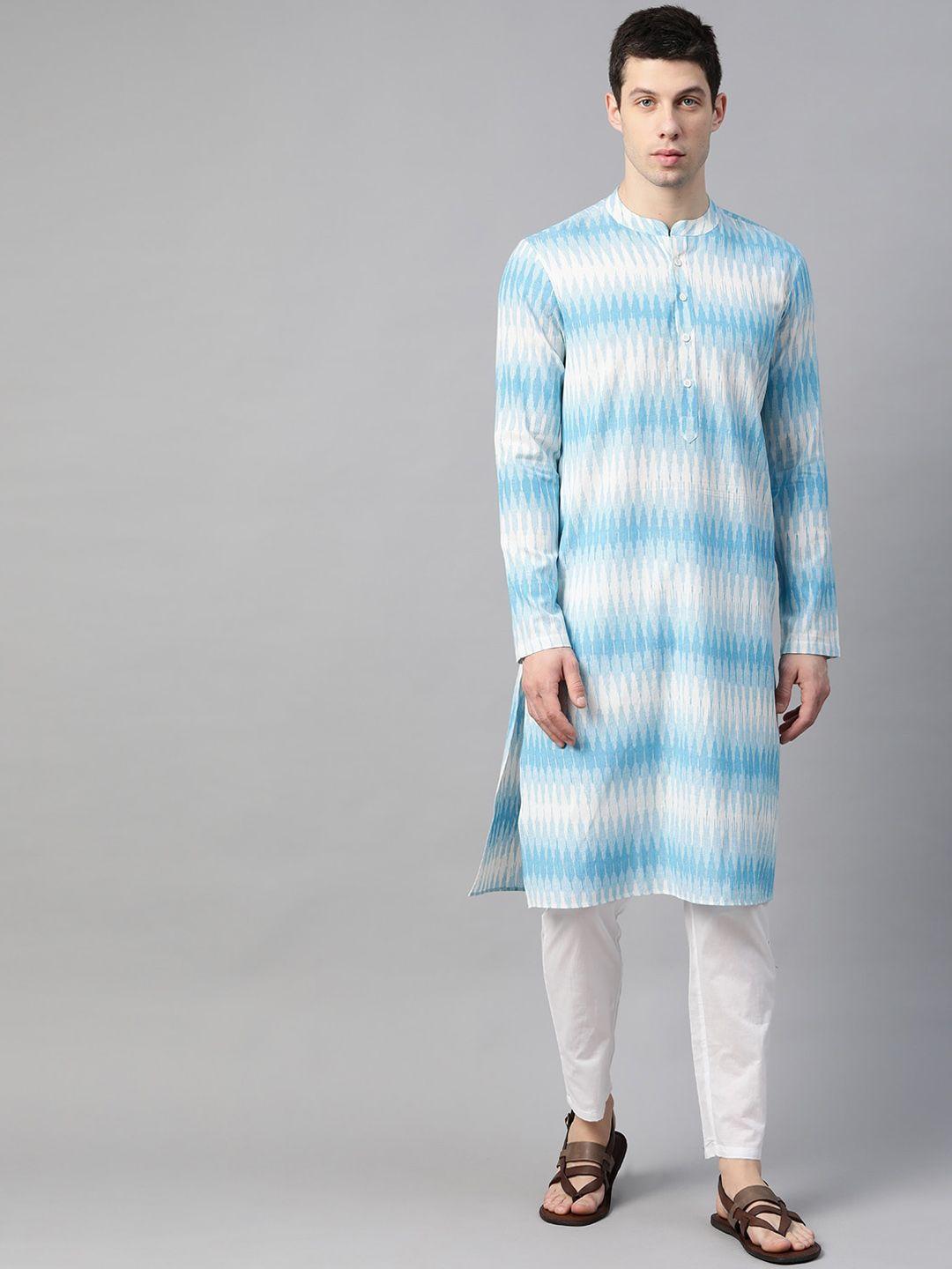 See Designs Men Off White Ikat Printed Pure Cotton Kurta with Pyjamas