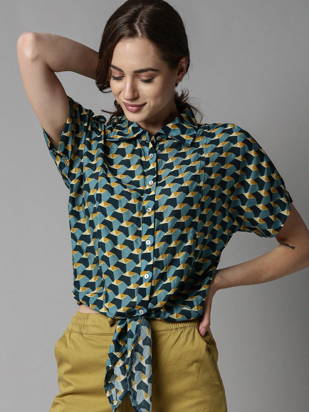 RAREISM Blue Geometric Printed Shirt Style Top With Tie-Up