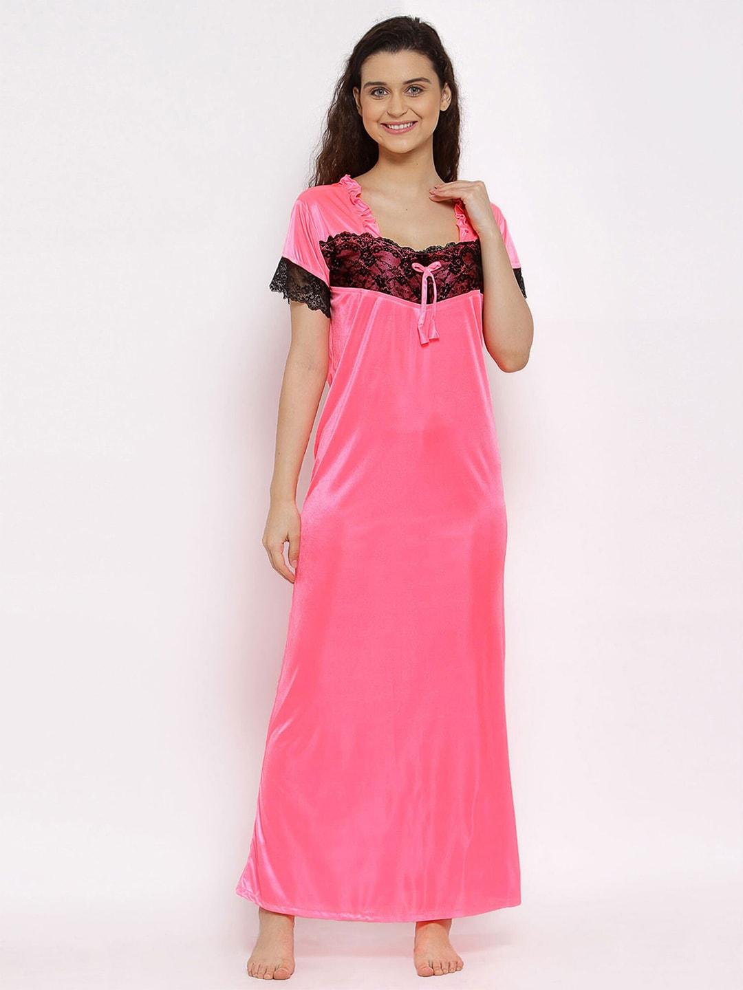 Fasense Women Pink Solid Satin Maxi Night Dress