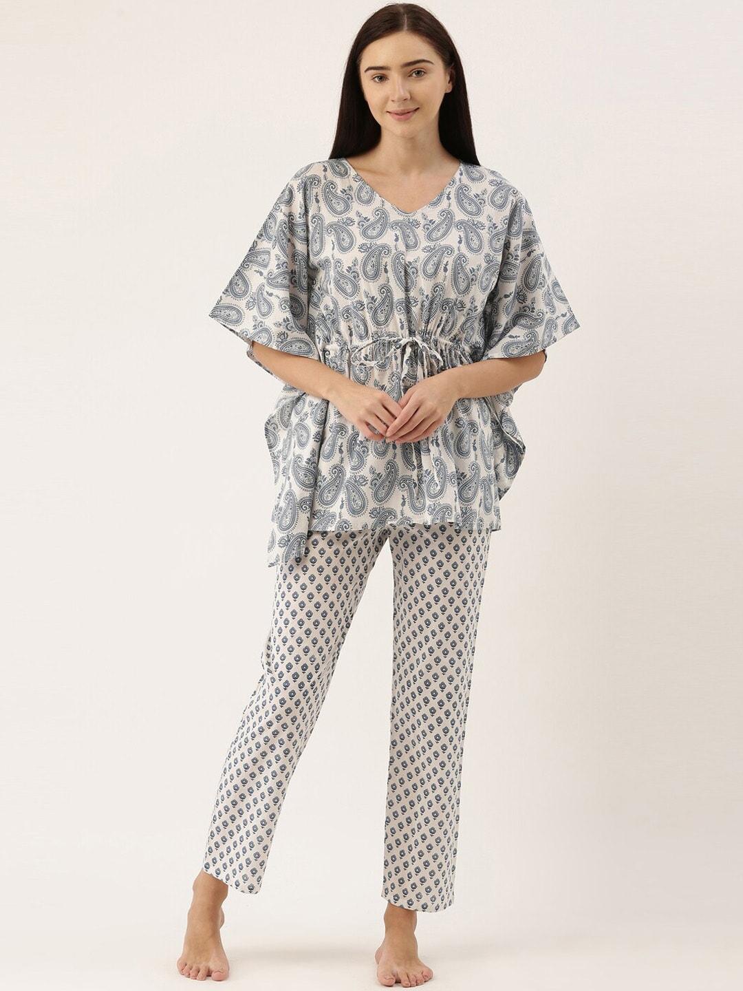 Bannos Swagger Women White & Grey Printed Night suit