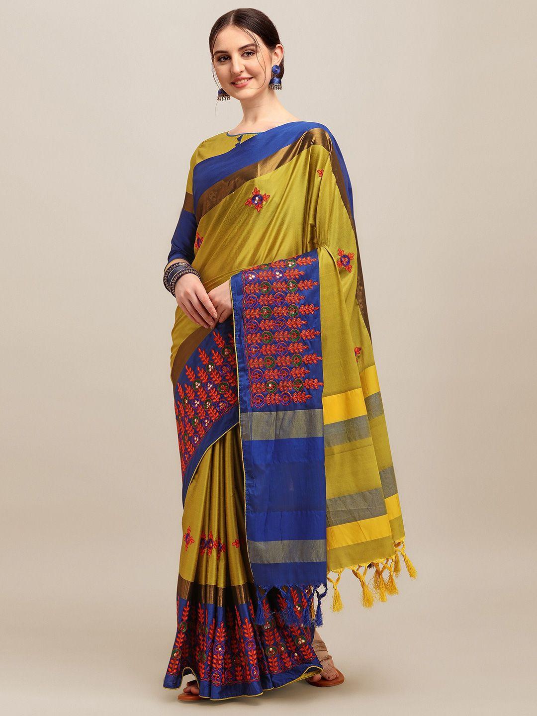 rajgranth-yellow-&-blue-floral-sequinned-silk-cotton-heavy-work-saree