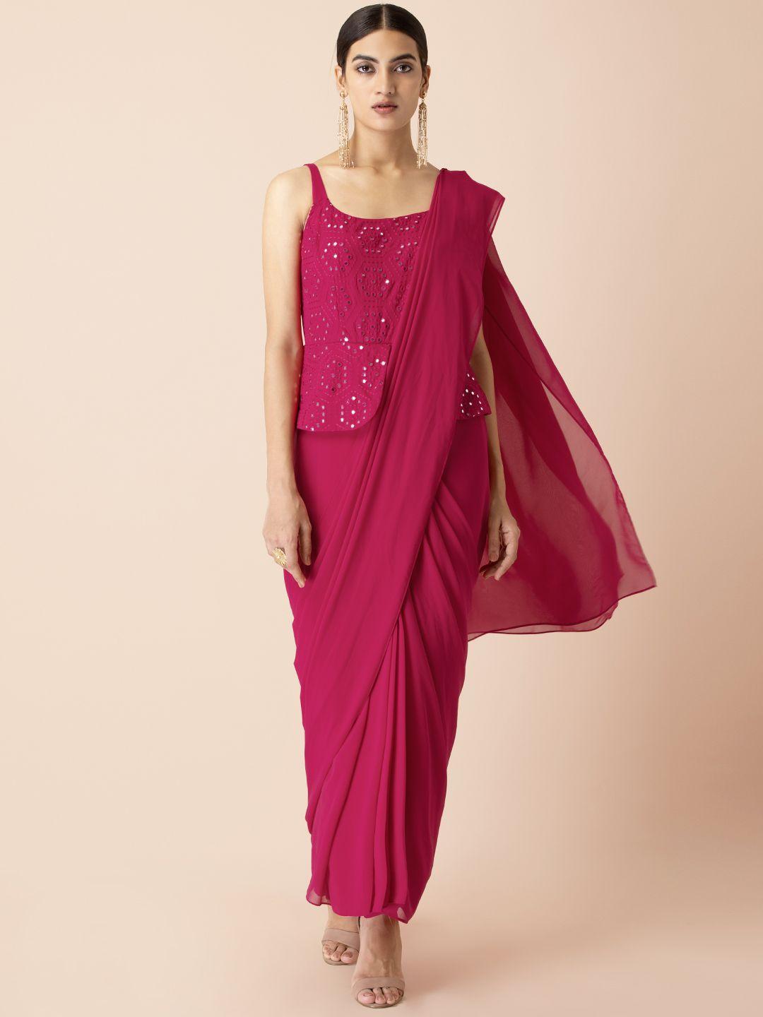 INDYA X Shraddha Kapoor Pink & White Mirror Embroidered Peplum Sari Tunic
