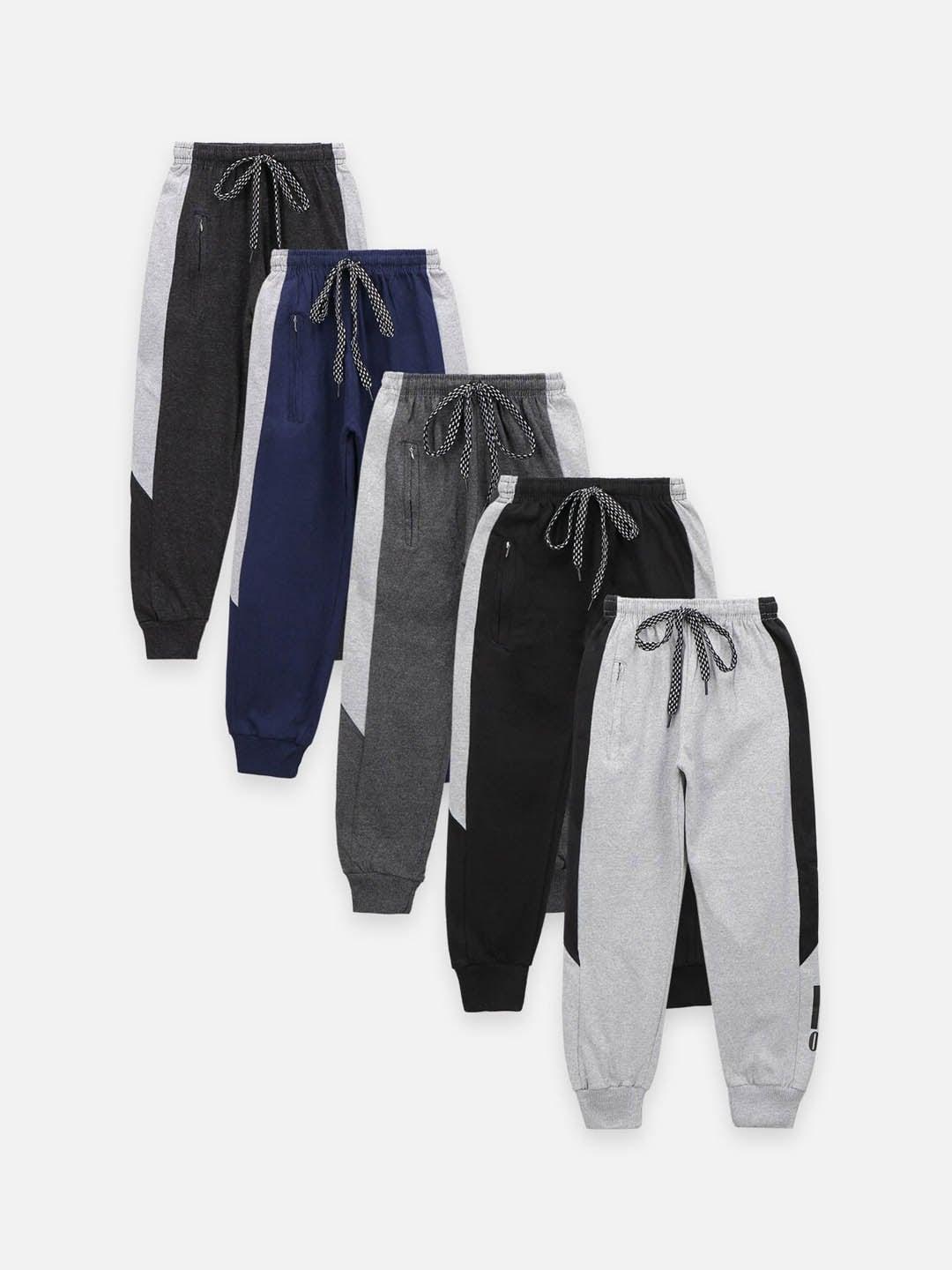 LilPicks Boys Pack Of 5 Solid Cotton Slim-Fit Joggers