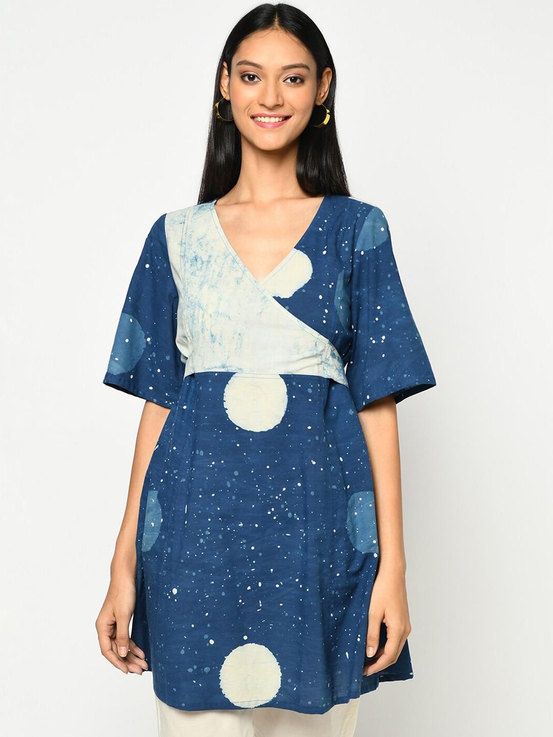 Fabindia Women Blue & White Dyed Wrap Dress