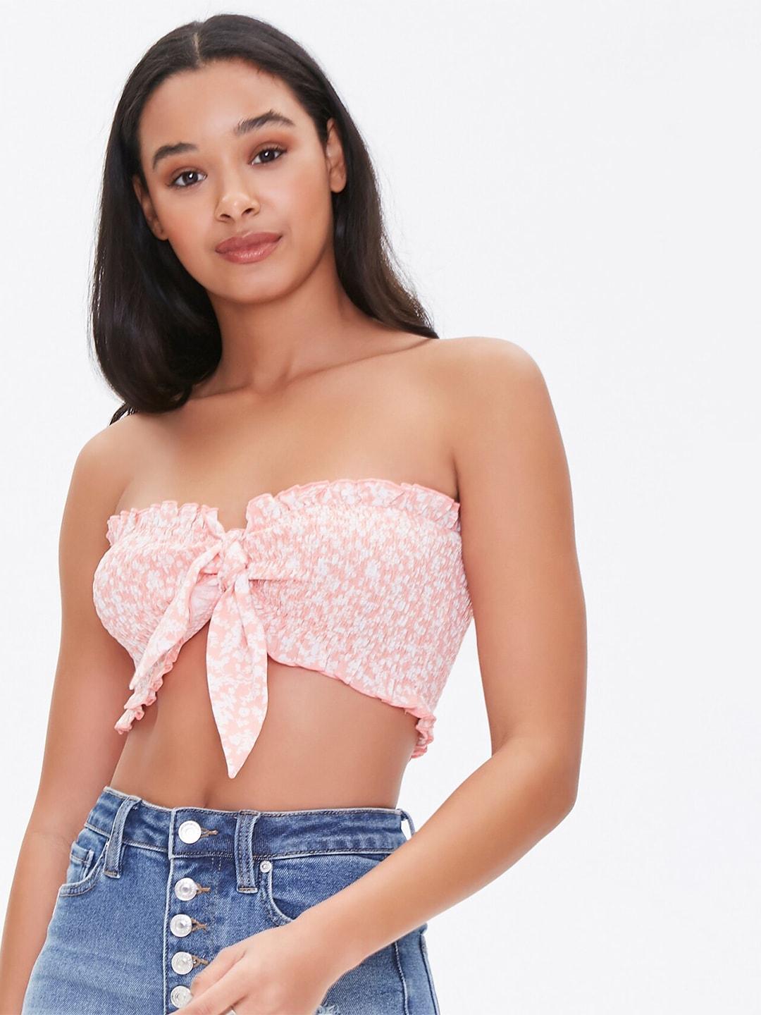 forever-21-peach-coloured-&-white-smocked-tie-up-tube-crop-top