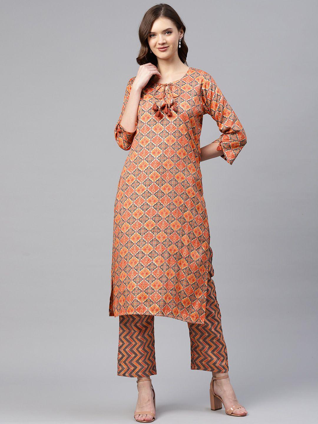 Readiprint Fashions Women Orange & Gold Ikat Woven Design Straight Kurta with Palazzos