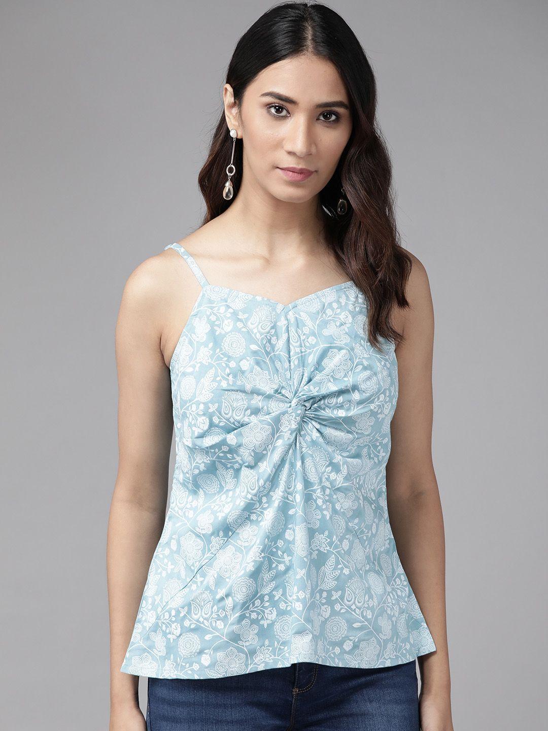 yash-gallery-blue-&-white-floral-printed-twisted-regular-top