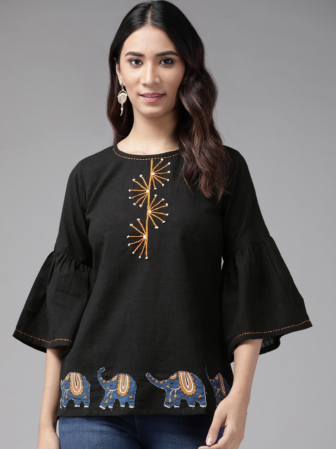 YASH GALLERY Black & Mustard Yellow Embroidered Top With Applique