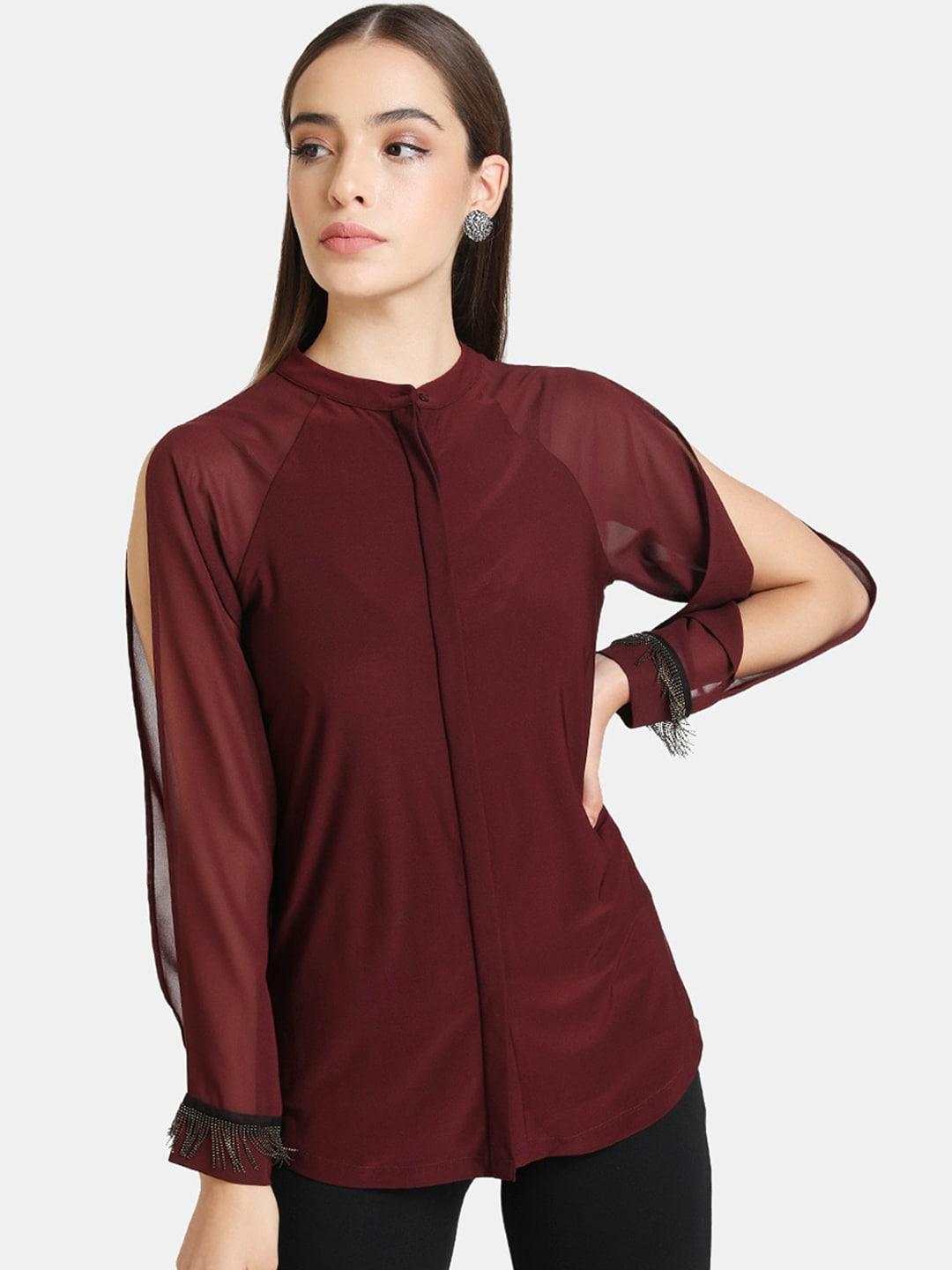 kazo-women-maroon-embellished-sheer-casual-shirt
