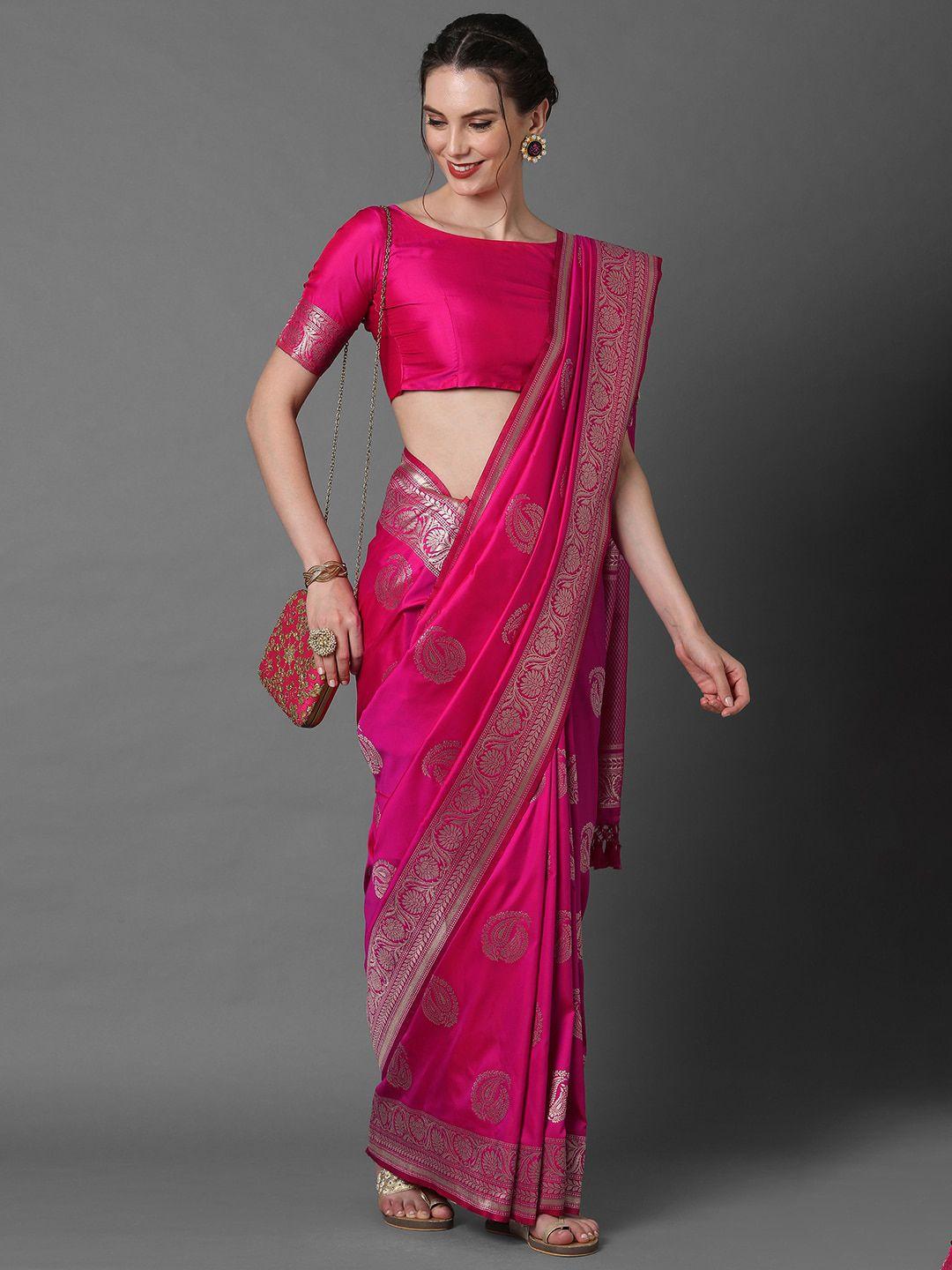 Mitera Pink & Silver-Toned Paisley Zari Silk Blend Banarasi Saree